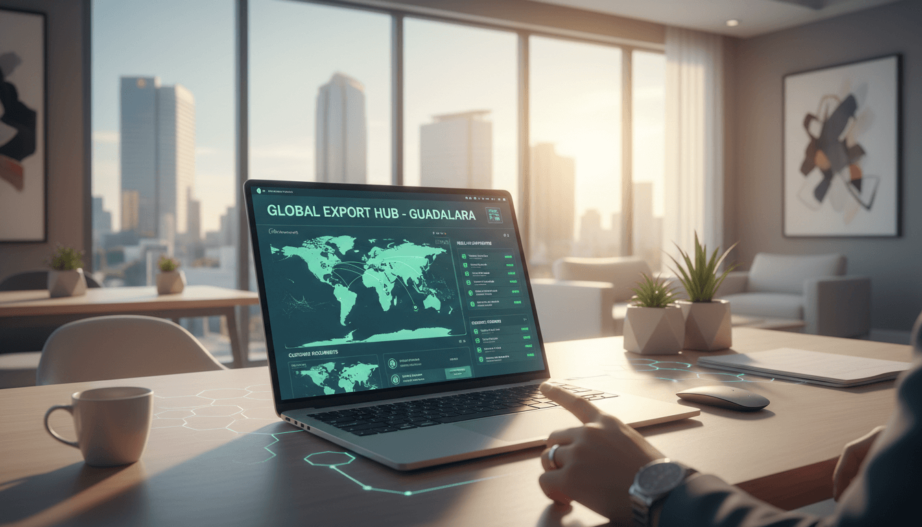 Professional workspace in Guadalajara showing a laptop screen displaying a digital export management dashboard