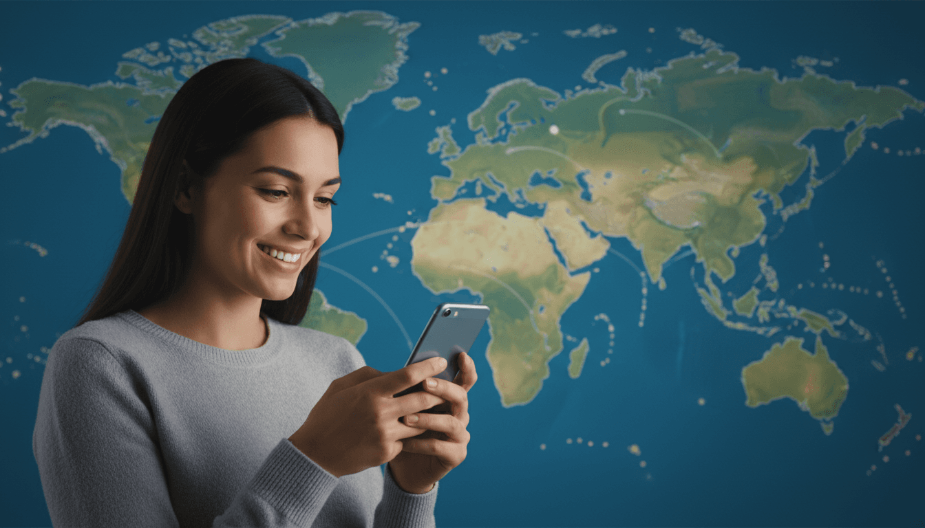 Smiling person holding phone in front of world map background