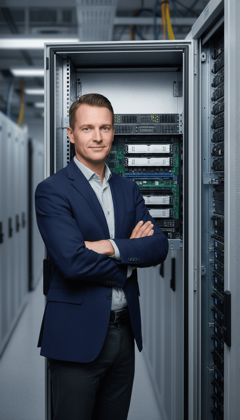 IT professional standing confidently next to open server cabinet showing installed memory components