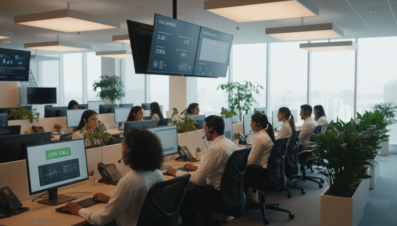 Customer service team working in modern operations center with headsets, monitoring appointment and call metrics on dashboard screens