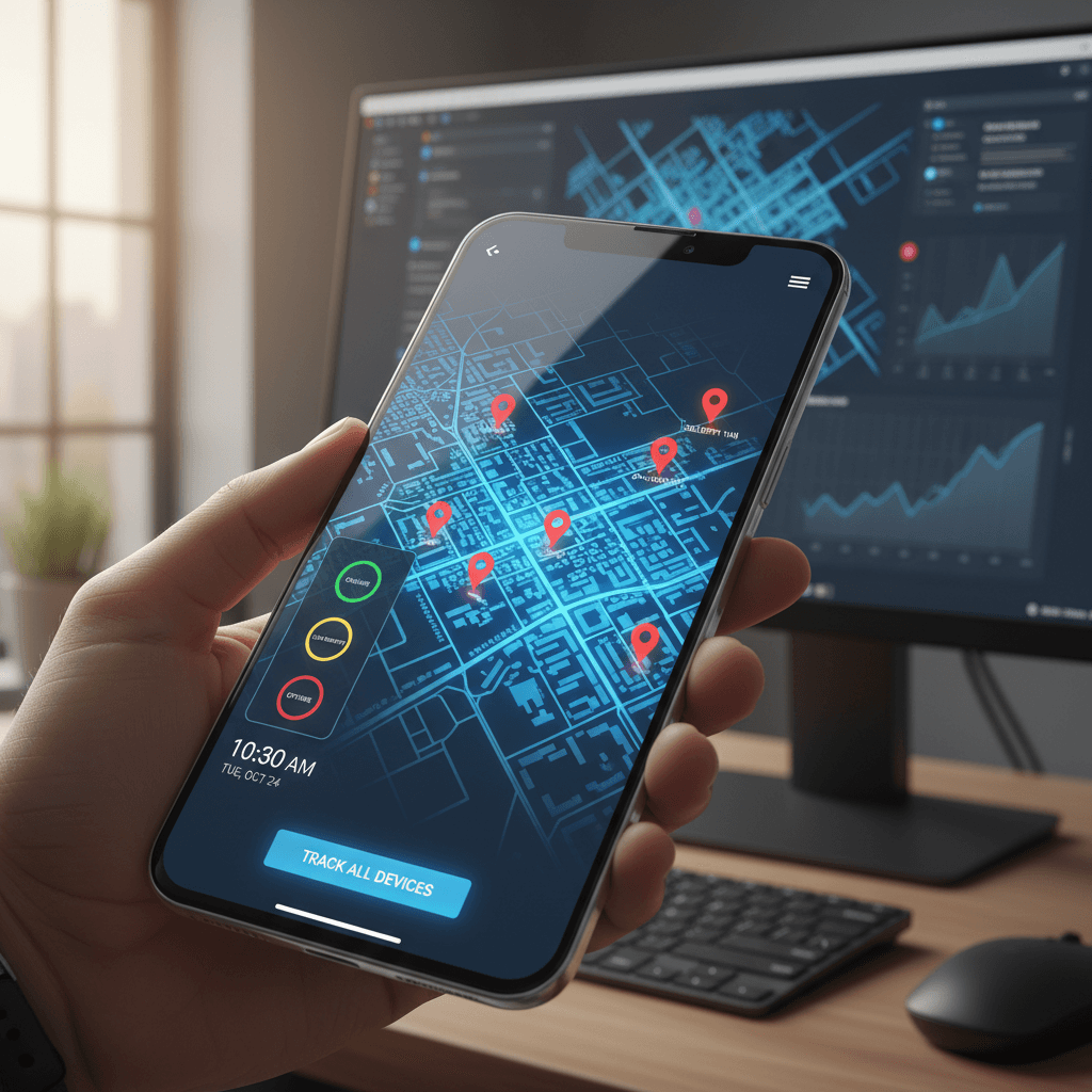 Smartphone displaying real-time location tracking dashboard with map interface and device status indicators