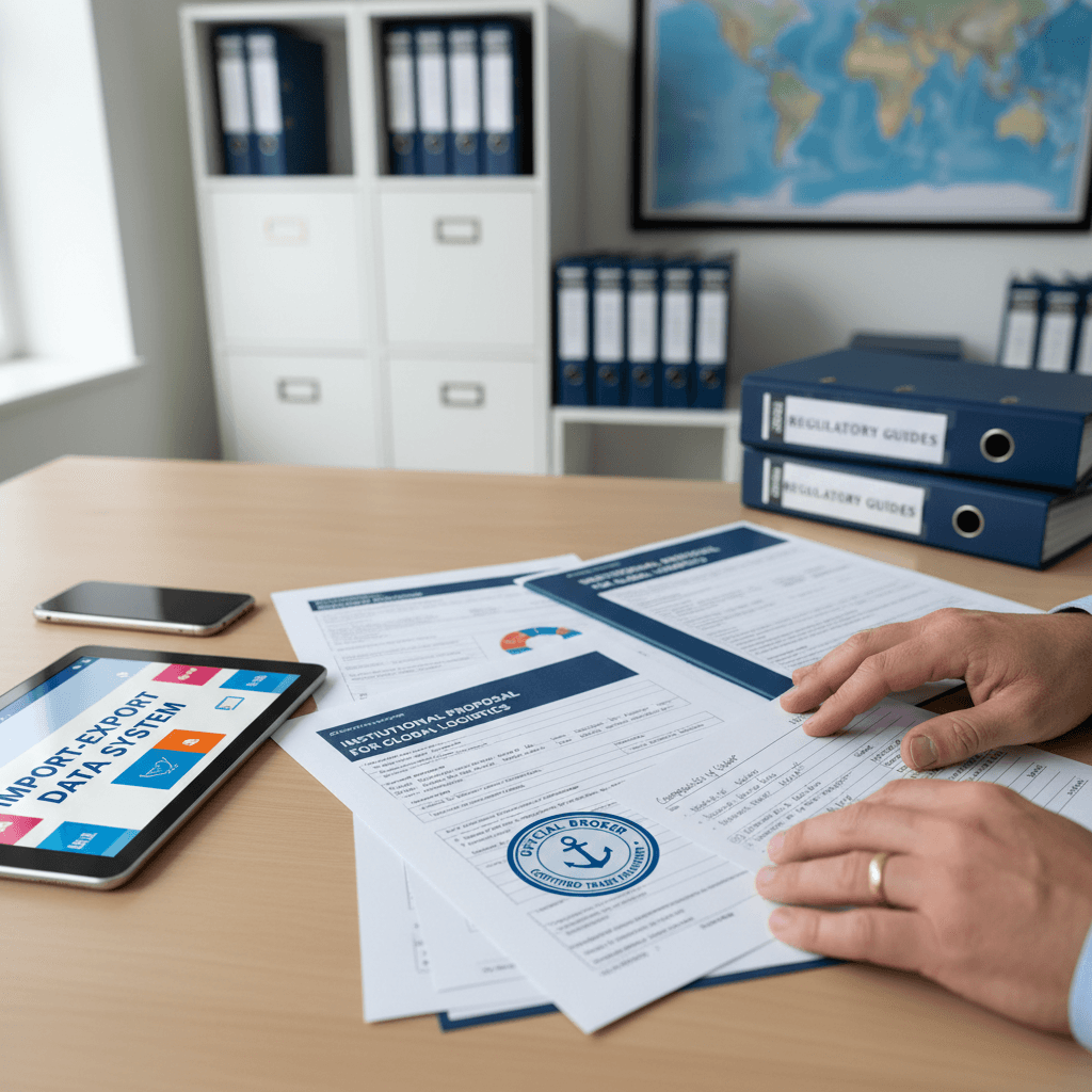 Licensed customs broker hands reviewing trade documentation and regulatory compliance forms on professional workspace desk