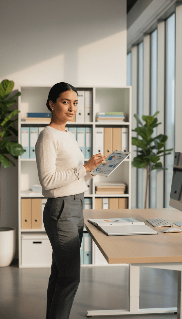 Female administrator in professional attire reviewing data reports on tablet in organized modern office with filing systems